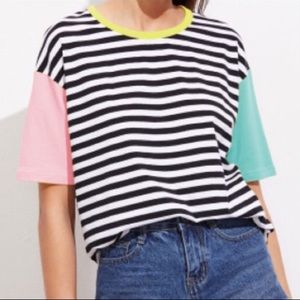 👚 black white striped t shirt yellow pink blue